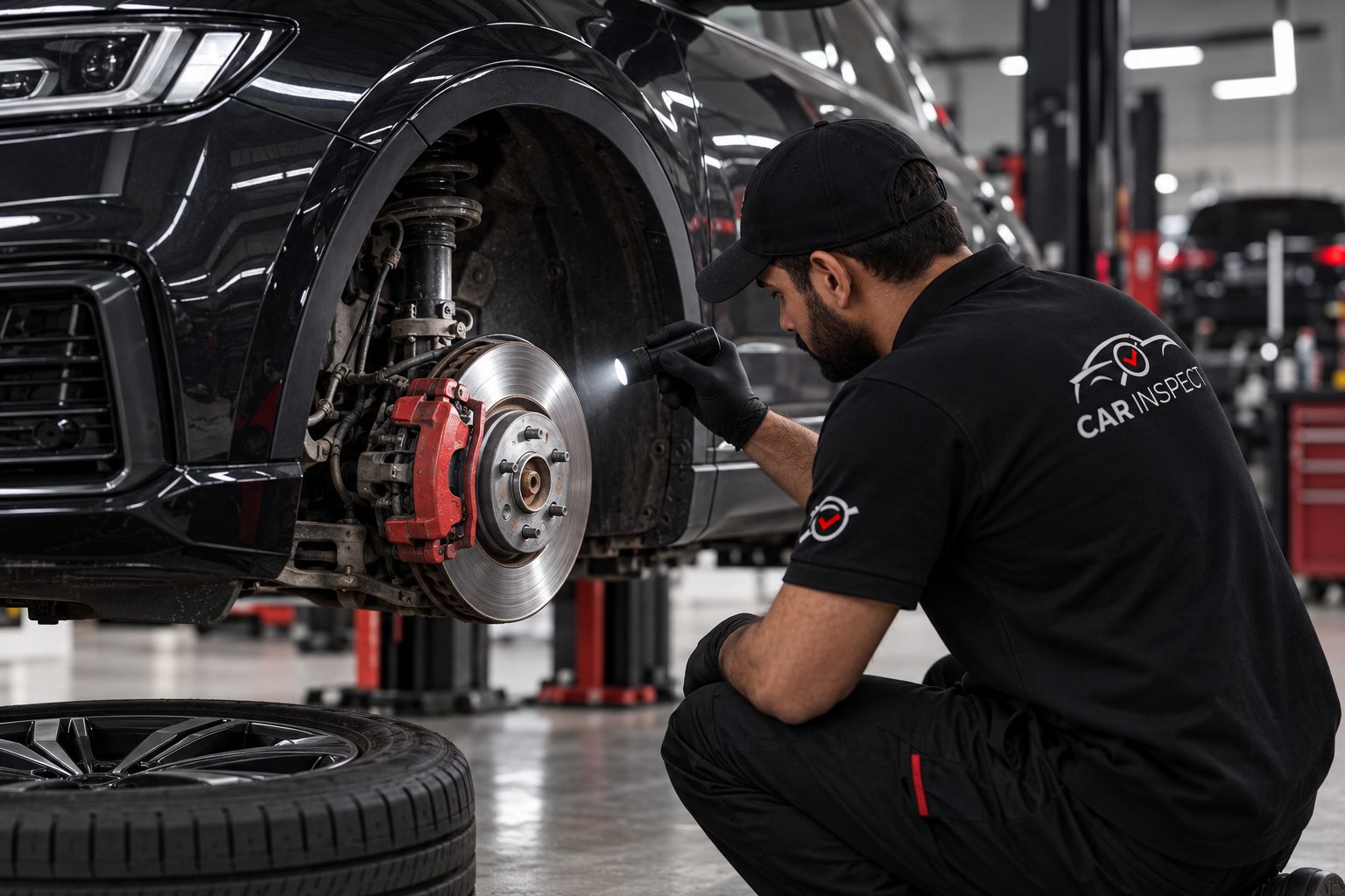 Inspector checking brake disc and caliper with the wheel removed