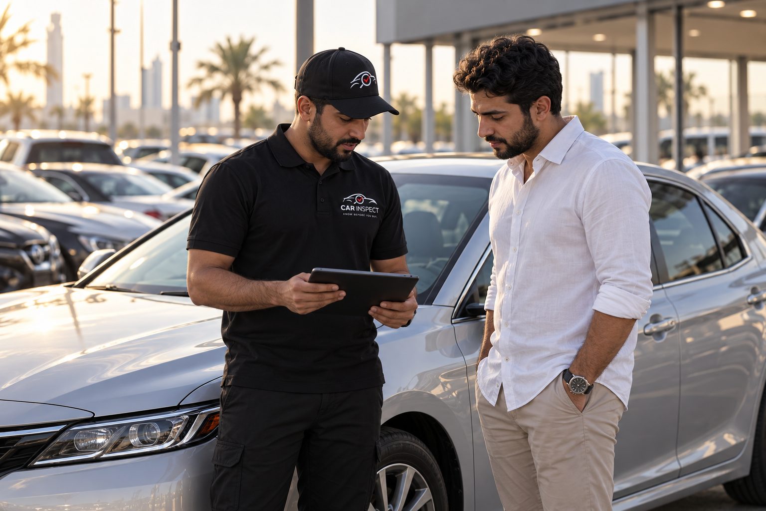 Car Inspect inspector reviewing findings on a tablet with a used-car buyer at a dealership