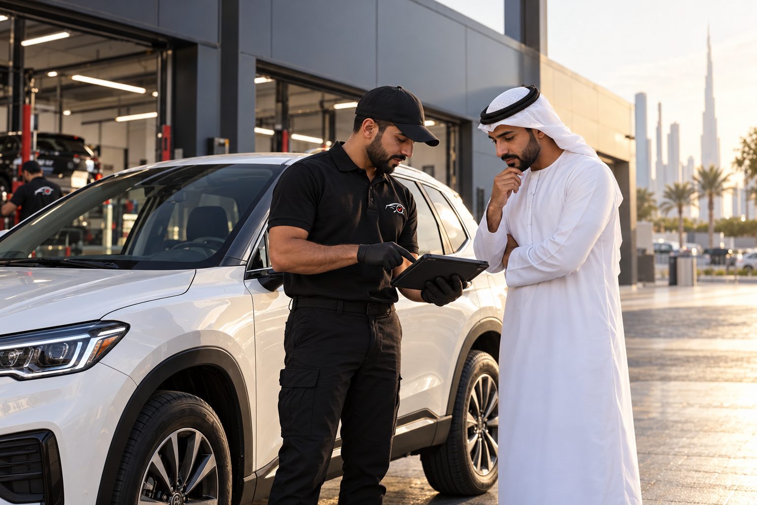 Inspector explaining an inspection report to a customer next to a white SUV